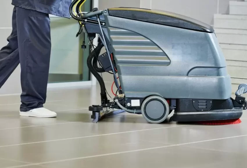 industrial floor scrubber cleaning a floor